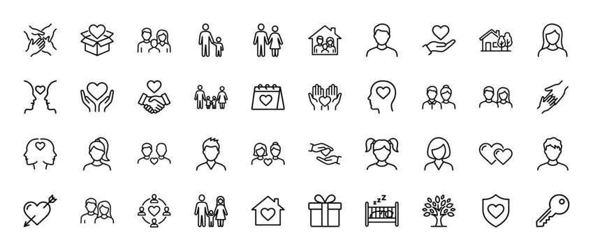 Family and relationships line icon set. Vector pictograms of couples, parents, children, hands, hearts, home, people, love, and care, thin linear illustration.