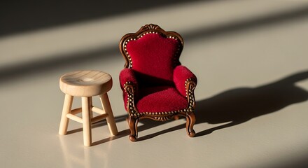 Miniature Furniture Set, Red Velvet Armchair and Wooden Stool in Sunlight