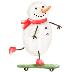 Snowman skating wear scarf watercolor illustration