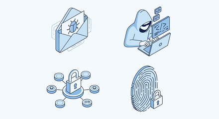 Vector illustration of isometric cybersecurity concept with hacker, email, lock, and fingerprint