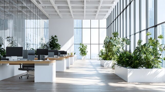 Modern Open-Plan Office Interior with Large Windows and Green Plants.
