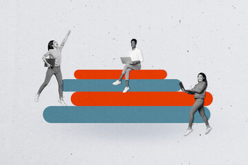 3D collage artwork poster of team cooperation businesspeople collaboration corporate meeting female company three young lady work laptop