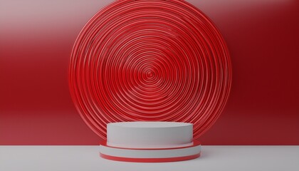 Fototapeta premium vertical 3d render of concentric red rings on minimalist white cylinder product pedestal stage