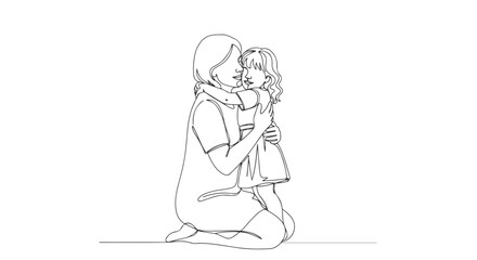 Single Continuous Line Art Mother and Daughter Hug in Minimalist Design