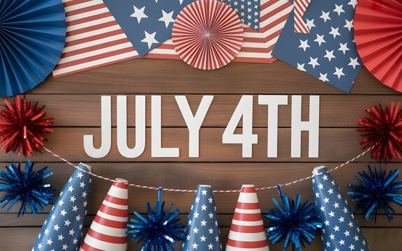 Flat lay of patriotic july 4th decorations and text on a rustic wooden background, celebrating american independence day with festive elements - Powered by Adobe