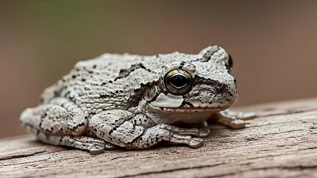 Macro close up of a grey tree frog with textured skin and large golden eyes resting on weathered
