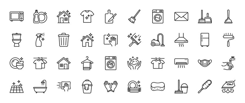 Household cleaning line icon set. Vector pictograms of house, washing machine, broom, spray, vacuum, dishes, iron, mop, gloves, mask, bathtub, and refrigerator, thin linear illustration.