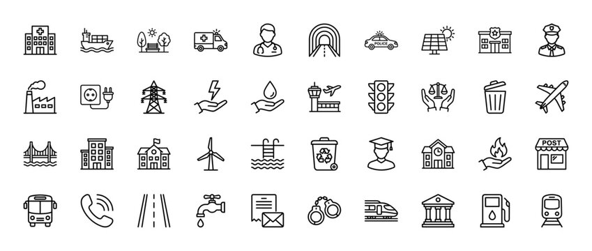 City infrastructure and public services line icon set. Vector pictograms of hospital, ambulance, police, transport, energy, education, and communication, thin linear illustration.