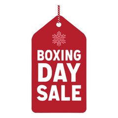 A red gift tag featuring a snowflake graphic and the words "BOXING DAY SALE" in bold white lettering, signifying a retail event.