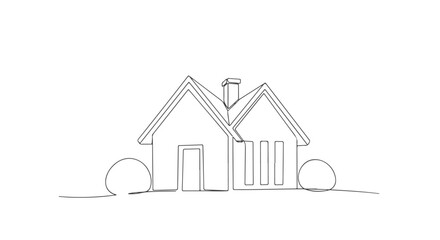 Elegant single continuous line art illustration depicting a charming minimalist house structure, ideal for real estate, home design, and architectural concepts