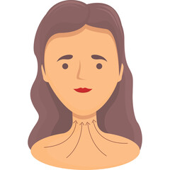 Portrait of a woman with brown hair showing signs of thyroid gland issue indicated by dotted lines and arrows on her neck in a medical illustration style with a plain background