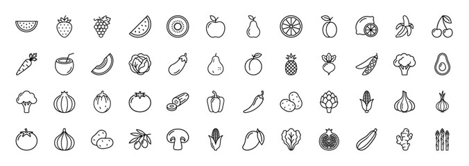Fototapeta na wymiar Fruits and vegetables line icon set. Vector pictograms of apple, pear, grapes, banana, lemon, carrot, broccoli, potato, and corn, thin linear illustration.