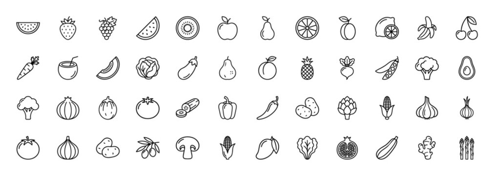 Fruits and vegetables line icon set. Vector pictograms of apple, pear, grapes, banana, lemon, carrot, broccoli, potato, and corn, thin linear illustration.