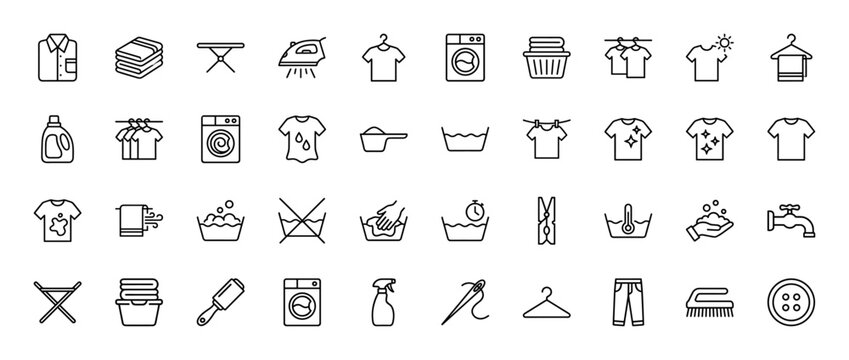 Laundry and clothing care line icon set. Vector pictograms of washing machine, basket, folded clothes, iron, detergent, drying rack, and needle, thin linear illustration.