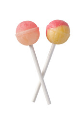 Sweet colorful lollipops crossing sticks on transparent background