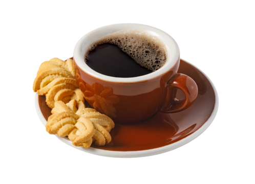 Coffee cup filled with hot black coffee and cookies