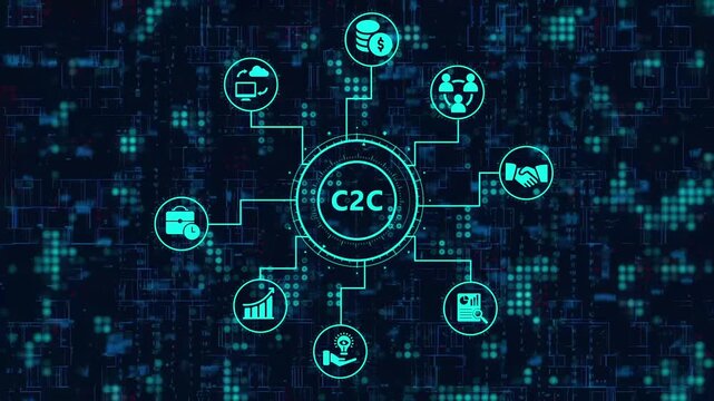 C2C consumer to consumer concept illustration showcasing a central hub with interconnected icons representing various aspects like finance, partnership, growth,