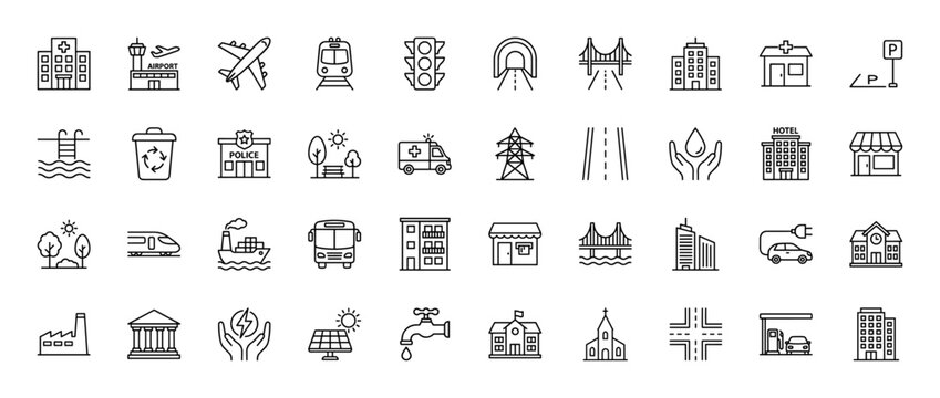 City infrastructure and services line icon set. Vector pictograms of buildings, transport, energy, and community facilities, thin line illustration.