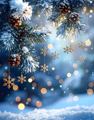 Snow-covered spruce branches are adorned with golden snowflakes and soft lights. Warm bokeh lights shimmer in the background, creating a wintry, magical holiday atmosphere.
