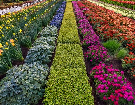 vibrant overhead perspective of meticulously organized rows of colorful flowers and lush green plants in a garden