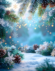 Snow-covered spruce branches are adorned with golden snowflakes and soft lights. Warm bokeh lights shimmer in the background, creating a wintry, magical holiday atmosphere.