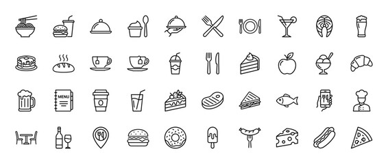 Food and restaurant line icon set. Vector pictograms of plate, cutlery, burger, coffee, cake, chef, pizza, and menu, thin linear illustration.