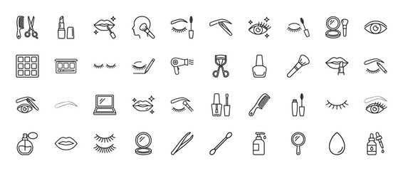 Beauty line icon set. Vector pictograms of mascara, lipstick, comb, scissors, tweezers, brushes, eyeshadow, mirror, hairdryer, nail polish, perfume, thin linear illustration.
