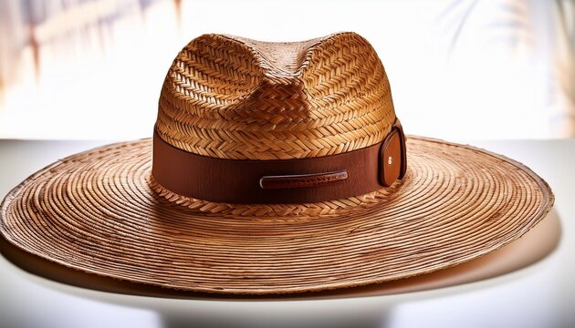 wide brimmed woven straw hat with leather band