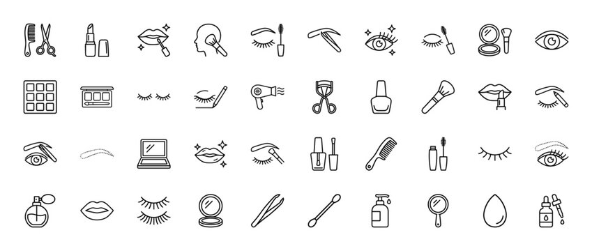 Beauty line icon set. Vector pictograms of mascara, lipstick, comb, scissors, tweezers, brushes, eyeshadow, mirror, hairdryer, nail polish, perfume, thin linear illustration.
