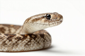 Obraz premium detailed close-up of a brown and cream patterned python snake coiled on a clean white backdrop. Ideal for wildlife, reptile research, nature themes, education, and stock photography collections.