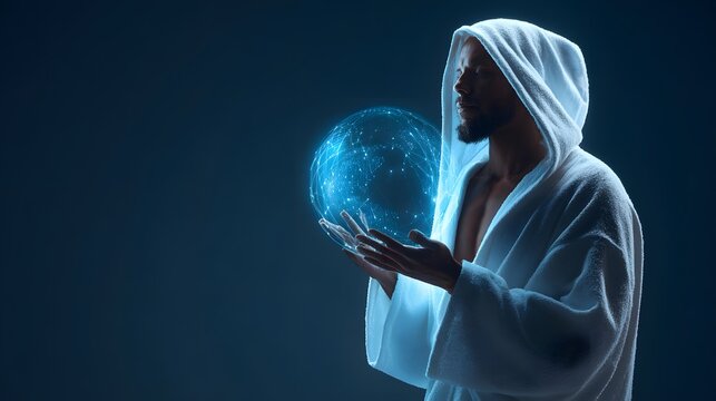 Mysterious Figure in Hooded Robe Holding Glowing Blue Orb in Dark Setting.