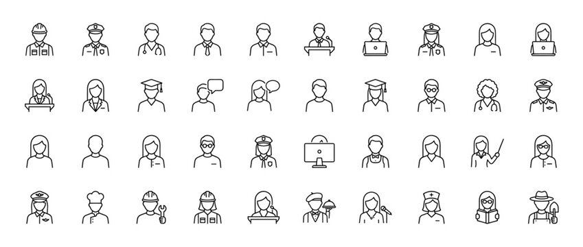 Professional occupations line icons: Diverse male and female avatars including doctor, engineer, student, pilot, chef, teacher, thin linear illustration.