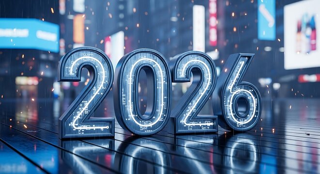 Glowing 2026 number display in a futuristic city night scene - Powered by Adobe