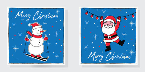 A cheerful Christmas illustration set featuring a joyful snowman skiing through the snow and Santa playfully hanging from a string of festive lights for greeting cards, posters, flyers, banners