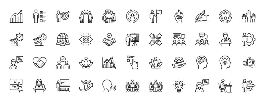 Business and personal development line icon set. Vector pictograms of teamwork, strategy, communication, growth, ideas, presentation, support, thin linear illustration.