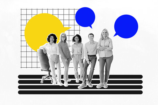 Art sketch image vertical collage of happy business partners women men stand bubble communication diversity cooperation office