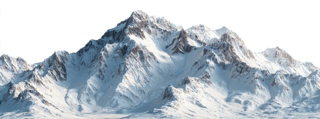 Snow-covered jagged mountain range with exposed rock, isolated on white