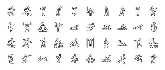 Sports and fitness line icon set. Vector pictograms of diverse athletic activities like golf, cycling, running, swimming, yoga, and weightlifting, thin linear style.