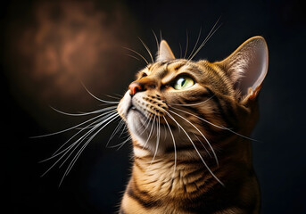 Bengal cat with green eyes looking up against dark background feline animal