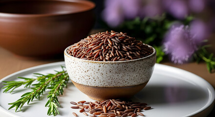 Bowl of red rice with rosemary and purple flowers wild rice grain