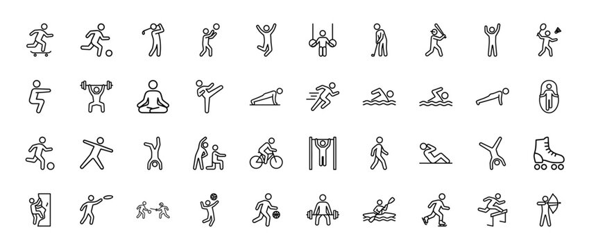 Sports and fitness line icon set. Vector pictograms of diverse athletic activities like golf, cycling, running, swimming, yoga, and weightlifting, thin linear style.
