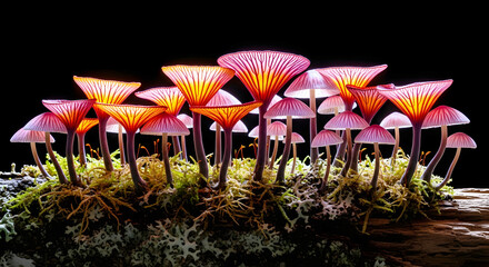 Cluster of bioluminescent mushrooms with glowing pink and orange caps on mossy log