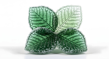 Four translucent green leaf candies dusted with sugar candy sweet