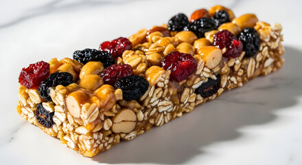 Granola bar with nuts dried berries and oats on white marble cereal bar snack