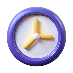 Purple toy clock with yellow hands isolated on transparent background