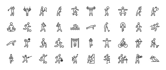 Obraz na płótnie Canvas Sports and recreation line icon set. Vector pictograms of golf, tennis, skateboarding, gymnastics, weightlifting, yoga, cycling, swimming, soccer, running, and martial arts, thin linear illustration.