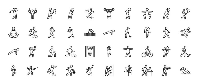 Sports and recreation line icon set. Vector pictograms of golf, tennis, skateboarding, gymnastics, weightlifting, yoga, cycling, swimming, soccer, running, and martial arts, thin linear illustration.