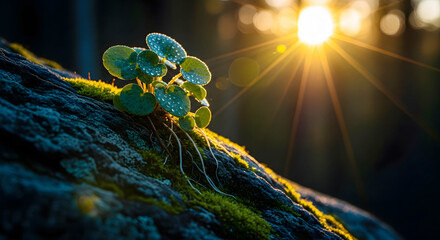 Small green plant with water droplets on rock with sun flare moss
