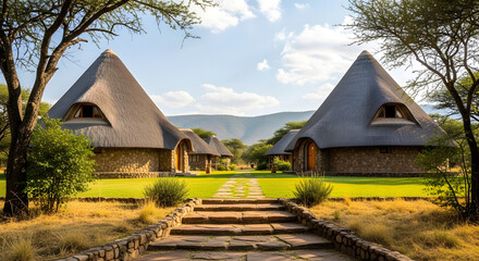 Thatched roof safari lodges with stone walls and mountain backdrop africa