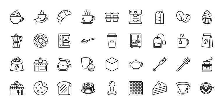 Coffee and tea icon set. Vector pictograms of takeaway cups, espresso machine, coffee grinder, beans, croissant, donut, pancakes, and teapot, thin linear illustration.